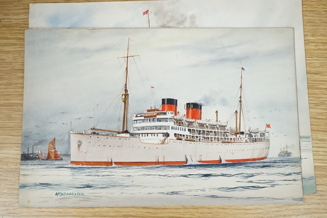 A F D Bannister, set of six original watercolours for postcard designs, Ocean going vessels to include Otranto, Orient Line, Highland Monarch Royal Mail Line and Arandora Star Blue Star Line, each with original pencil in